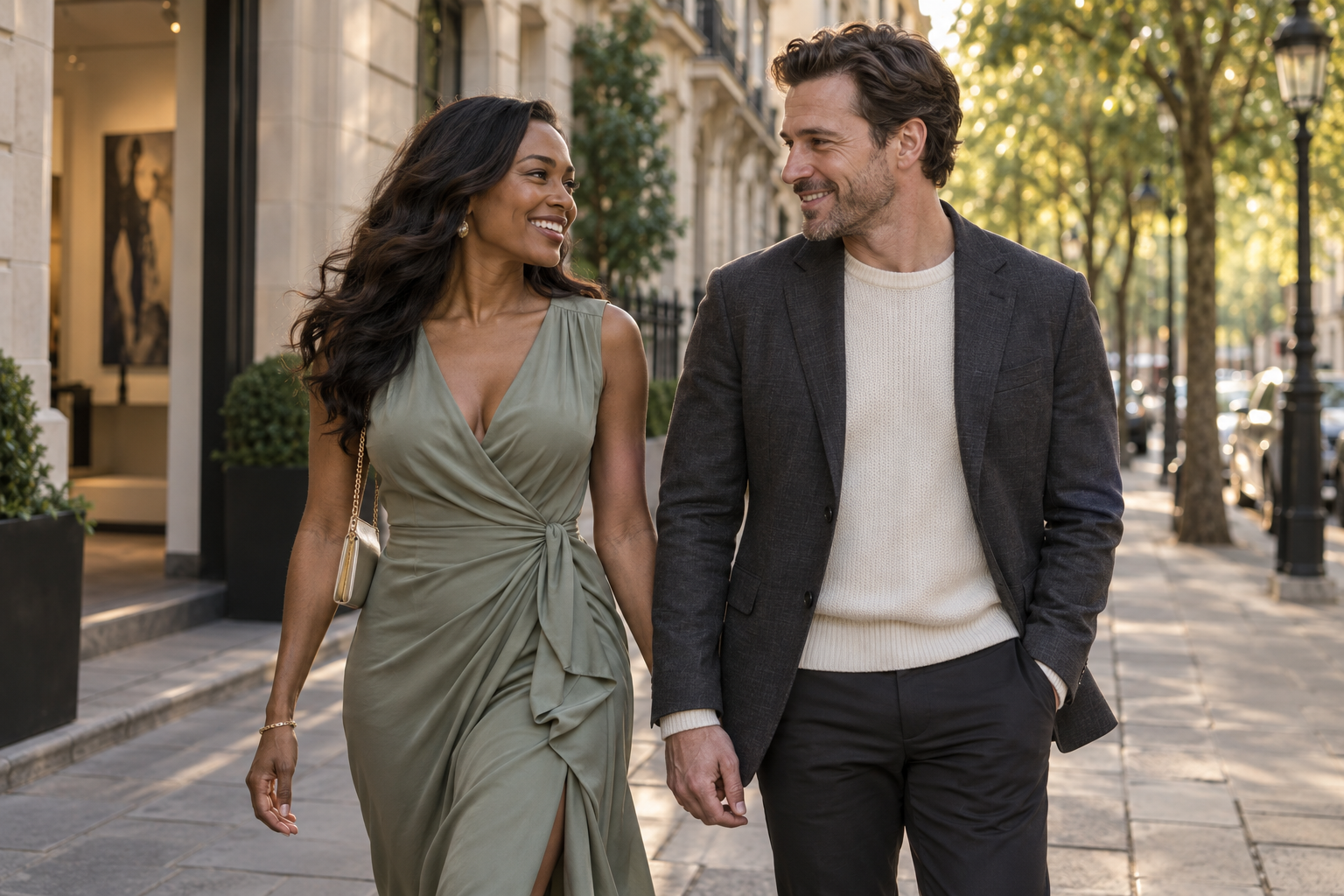 Two adults smiling at each other as they walk along a tree-lined street.