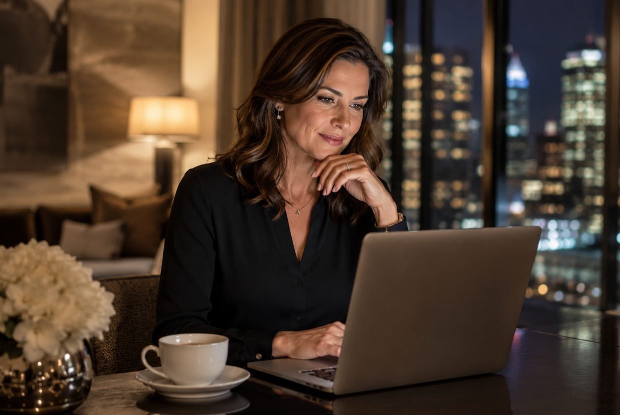 A woman sitting with a laptop and a cup of coffee in the evening.
