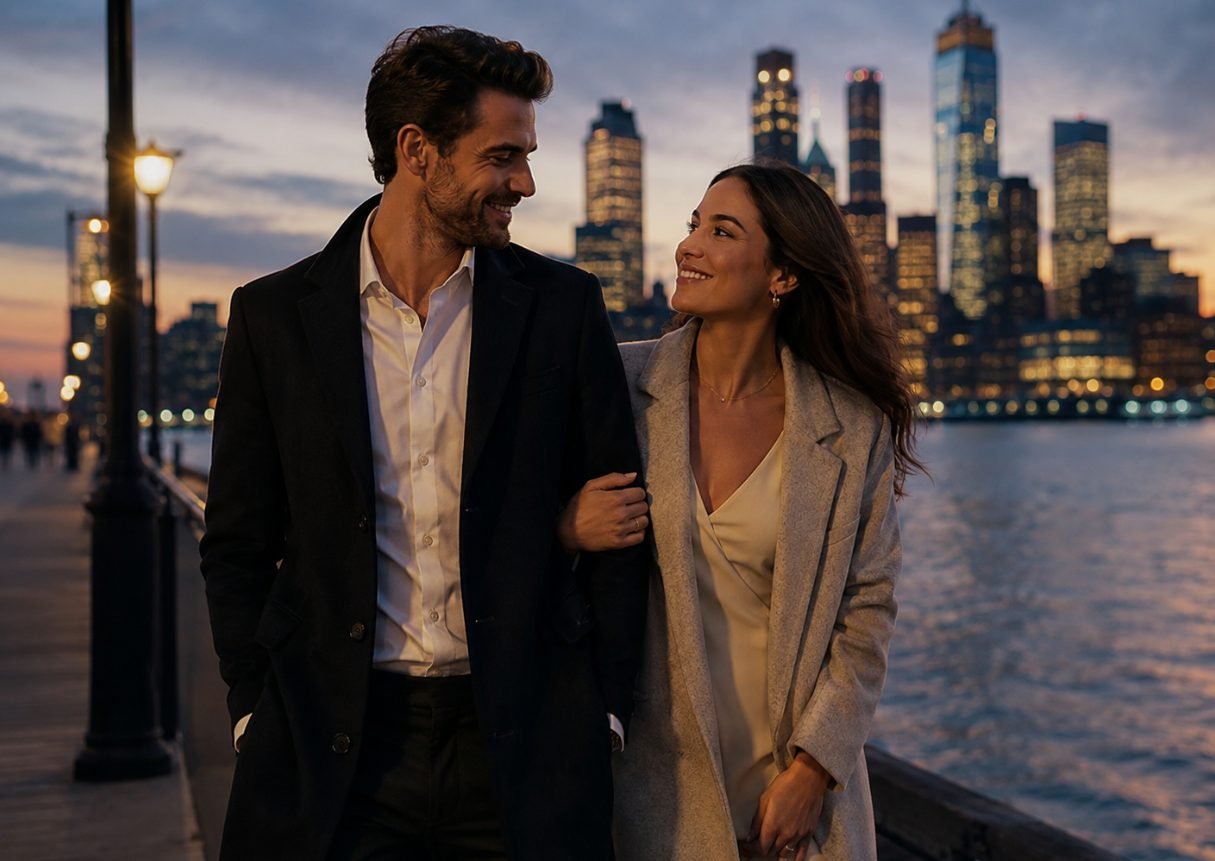 A couple walking arm in arm beside the water at dusk.