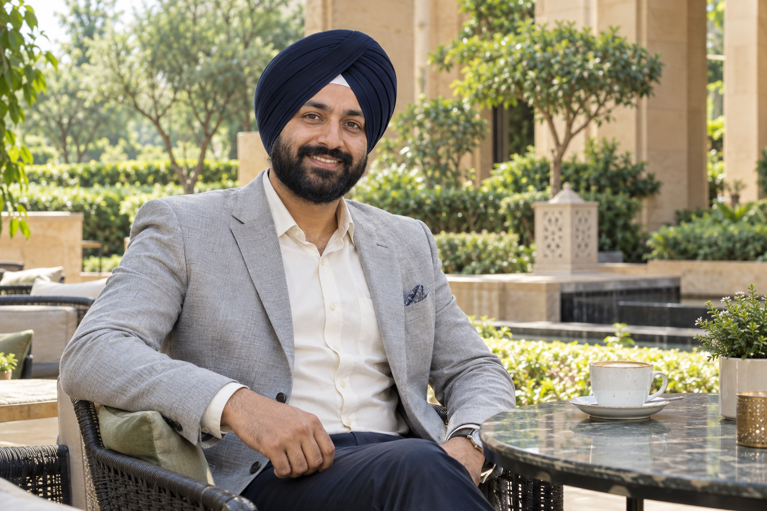 A man wearing a turban sitting at a cafe table on a garden terrace.