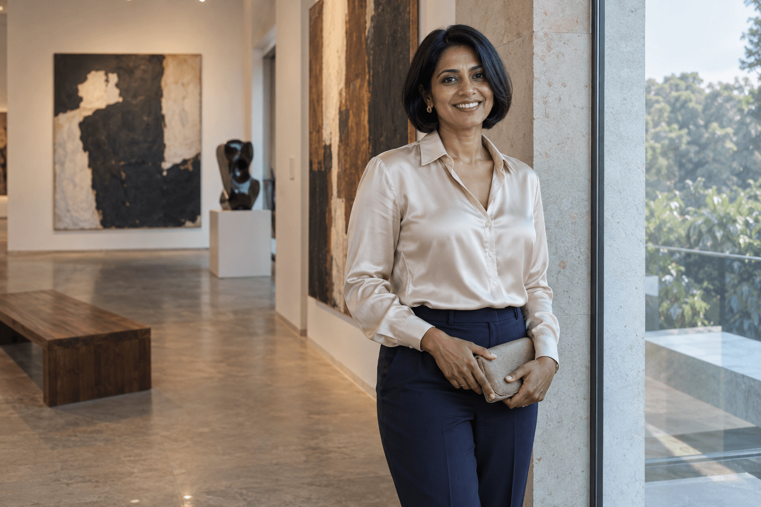 A woman smiling beside a window in a sunlit gallery.