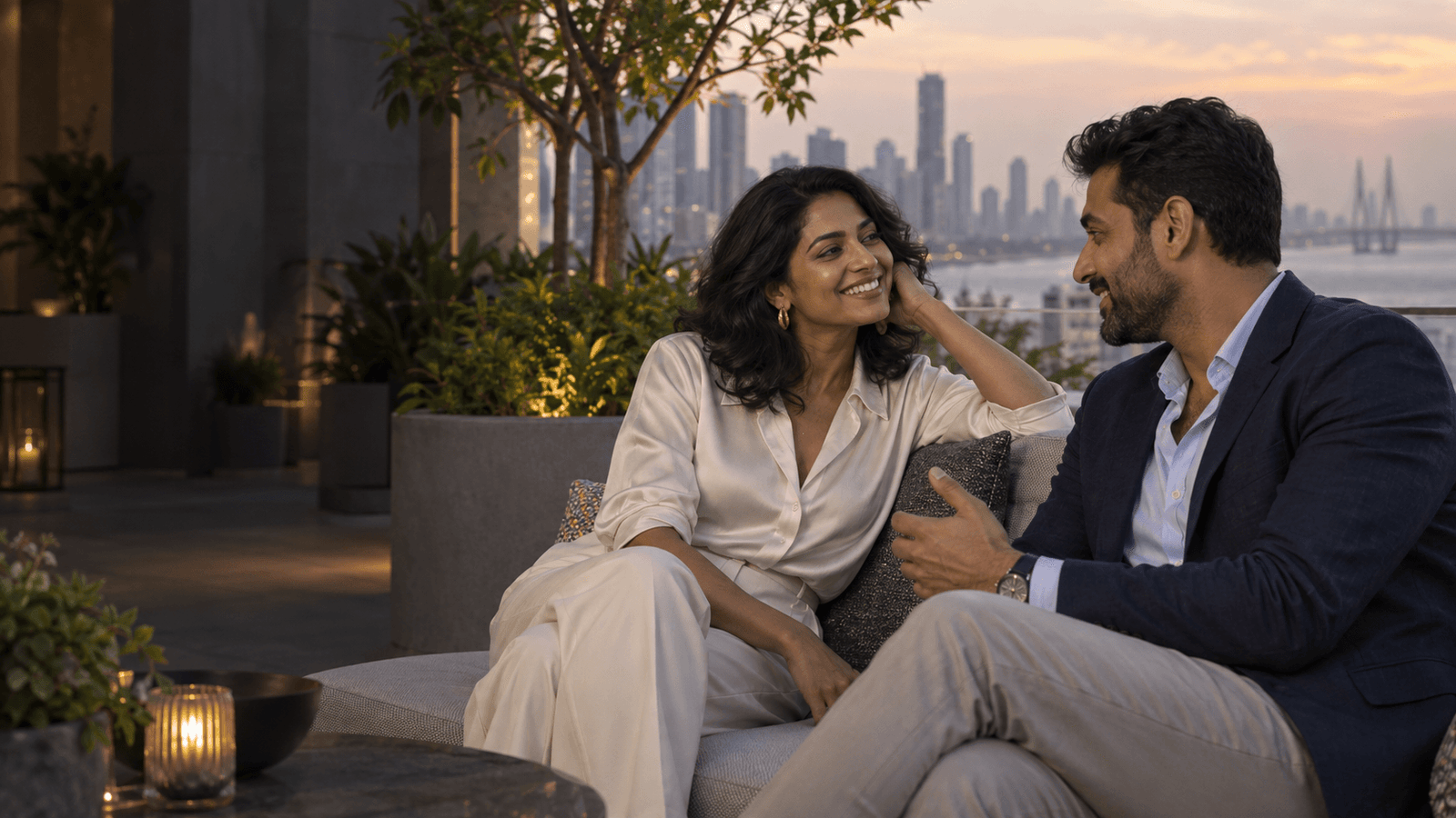 A couple enjoying a conversation on a terrace at dusk.