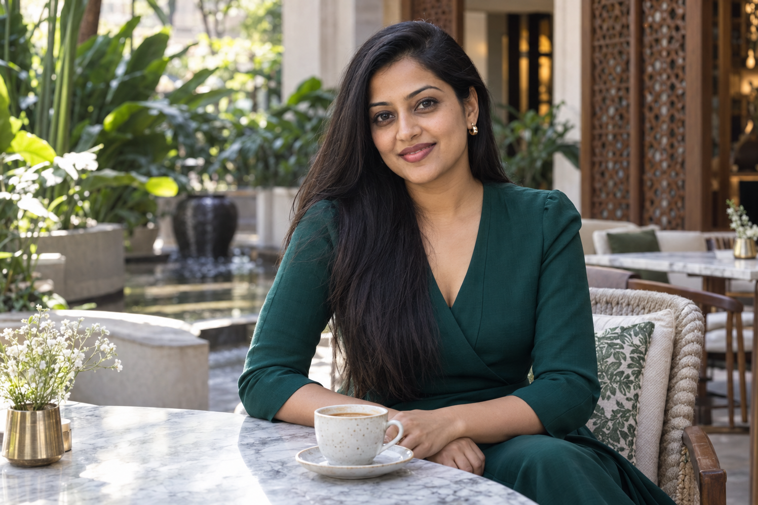 A woman in a green dress sitting at a terrace table with a cup of coffee.